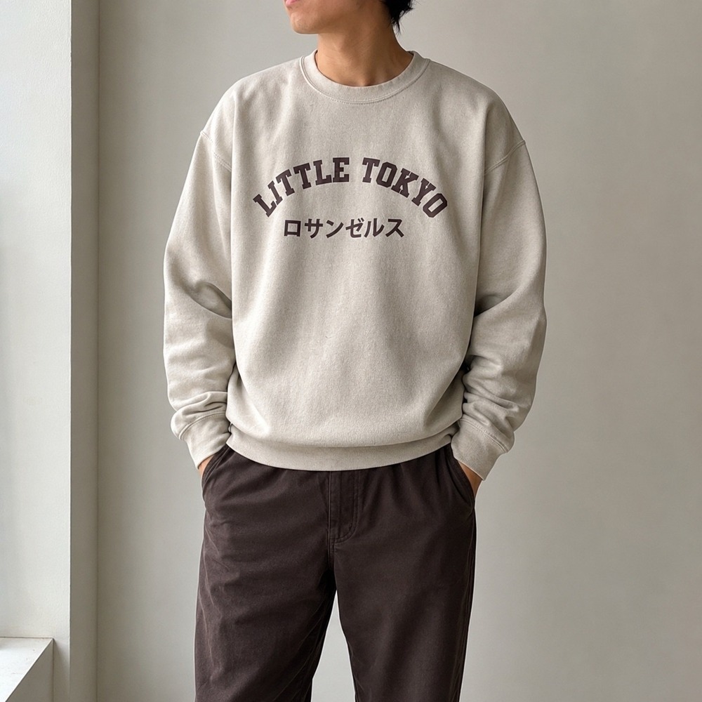 Little Tokyo Los Angeles Crewneck Sweatshirt Oatmeal Tan Mens Medium Fleece